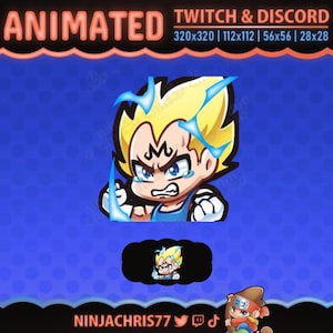 May include: Animated Twitch and Discord emote featuring a cartoon character with spiky yellow hair and blue energy effects. The character has an angry expression. The text "ANIMATED" and "TWITCH & DISCORD" are displayed at the top. The creator's name is "NINJACHRIS77".