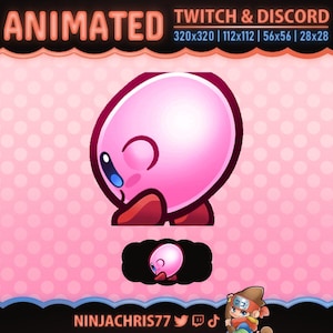 Puede incluir: Personaje rosa animado con expresión triste, sobre un fondo rosa de lunares. La imagen incluye el texto "ANIMATED" y "TWITCH & DISCORD" junto con varias dimensiones. También hay una versión más pequeña del personaje.