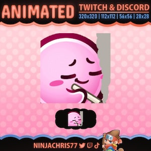 Puede incluir: Gráfico animado para Twitch y Discord que presenta un personaje rosa con una expresión triste, sosteniendo un objeto pequeño. El fondo es rosa con lunares blancos. El texto "ANIMATED" y "TWITCH & DISCORD" están en la parte superior.