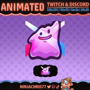 May include: Animated graphic for Twitch and Discord, set against a purple backdrop. It showcases a pink, amorphous character with a smiling face, highlighted by white, red, and blue elements. Text reads "ANIMATED" and "TWITCH & DISCORD".