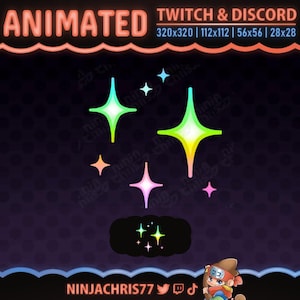 May include: Animated digital graphic for Twitch and Discord featuring four stylised, glowing stars in shades of green, yellow, pink, and blue. The text reads ANIMATED TWITCH & DISCORD 320x320 | 112x112 | 56x56 | 28x28 and NINJACHRIS77 at the bottom.