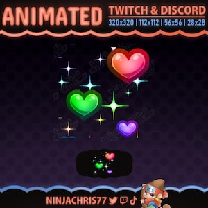 Peut inclure: Graphiques animés pour Twitch et Discord avec des cœurs et des étoiles colorés sur un fond violet foncé. Le texte "ANIMATED" est en haut, avec des spécifications de taille. Le nom du créateur, "NINJACHRIS77", est en bas, avec des icônes de médias sociaux.