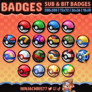20 Pokeball Badges | Subscriber or Bit Badges for Twitch, Youtube & Kick