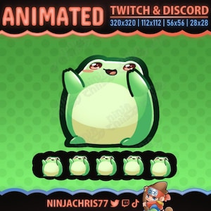 Pode incluir: Gráfico animado para Twitch e Discord. Uma rã de desenho animado com corpo verde claro e barriga branca acena alegremente. Abaixo estão cinco gráficos de rãs menores. O fundo é verde com pontos brancos.