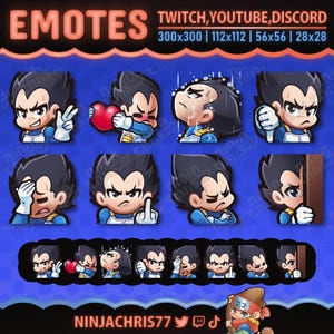 Può includere: Una collezione di emote con un personaggio dei cartoni animati con varie espressioni. Le emote sono disponibili in diverse dimensioni, la più grande è di 300x300 pixel. Il testo "EMOTES" è in alto e le piattaforme Twitch, YouTube e Discord sono menzionate.