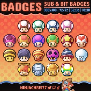 20 Mushroom Badges | Subscriber or Bit Badges for Twitch, Youtube & Kick
