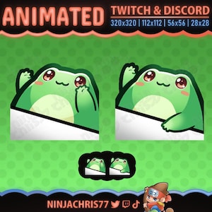 May include: Animated Twitch and Discord emotes featuring a green frog with rosy cheeks and big eyes. The frog is waving and holding a white sign. The image includes the text "ANIMATED" and "TWITCH & DISCORD".