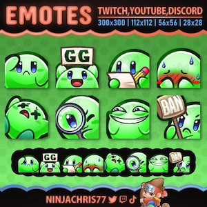 May include: A collection of green emotes with various expressions, including sad, happy, and surprised. Some emotes hold objects like a pencil, magnifying glass, and a sign that says "GG" and "BAN". The text "EMOTES" and "TWITCH, YOUTUBE, DISCORD" are at the top.