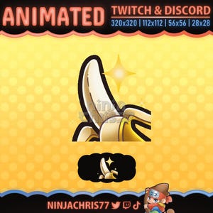 May include: Animated Twitch and Discord emote featuring a cartoon banana with a golden crown and a sparkle effect. The emote is available in various sizes: 320x320, 112x112, 56x56, and 28x28.