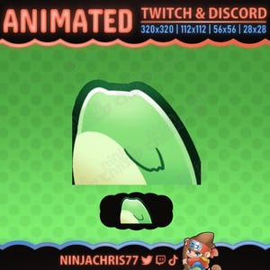 May include: Animated Twitch and Discord graphic with a green and white design. The image includes the text "ANIMATED" in orange and the dimensions 320x320, 112x112, 56x56, and 28x28. The creator's name, "NINJACHRIS77", is at the bottom.