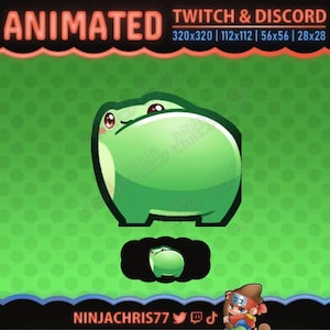 Könnte beinhalten: Animierte Twitch- und Discord-Grafik mit einem grünen Cartoon-Frosch mit großen Augen und einem kleinen Frosch-Symbol. Der Text "ANIMATED" steht oben, mit "TWITCH & DISCORD" und Auflösungsgrößen. Der Hintergrund ist grün mit einem Tupfenmuster.