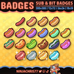 May include: A collection of colorful hot dog badges with various toppings and colors, including red, pink, purple, blue, green, and yellow. The word "BADGES" is at the top, with text indicating sizes. The creator's name and social media handles are at the bottom.