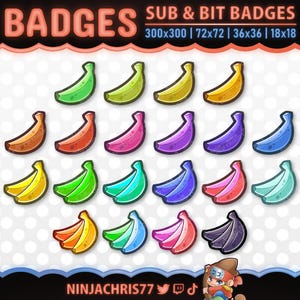 Puede incluir: Un conjunto de 20 insignias de colores en forma de plátano de diferentes tamaños, perfectas para streamers de Twitch o YouTube. Las insignias presentan diferentes combinaciones de colores, incluyendo amarillo, verde, azul, rojo y morado. El texto "BADGES SUB & BIT BADGES" está en la parte superior de la imagen, y el texto "NINJACHRIS77" está en la parte inferior de la imagen.