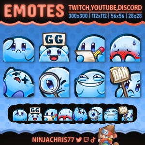Könnte beinhalten: Eine Sammlung blauer Emotes mit verschiedenen Ausdrücken, darunter traurige, glückliche und wütende Gesichter. Einige Emotes halten Schilder mit Texten wie "GG" und "BAN". Das Bild enthält auch die Wörter "EMOTES" und "TWITCH, YOUTUBE, DISCORD".