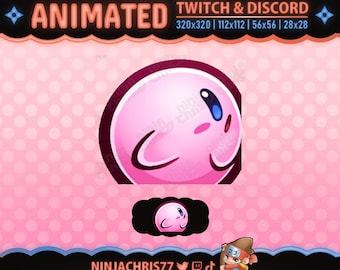 May include: Animated Twitch and Discord banner featuring a pink character with large eyes and a smiling expression. The banner includes the text "ANIMATED" and "TWITCH & DISCORD" with size specifications. The background is pink with white polka dots.