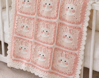 Coperta per neonati a forma di coniglietto realizzata a mano all'uncinetto – Decorazione per la cameretta dei bambini rosa e crema