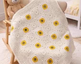 Coperta per neonati a forma di girasole realizzata a mano all'uncinetto, coperta per la cameretta in cotone biologico