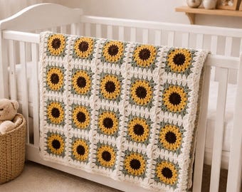 Copertina per neonato all'uncinetto con girasoli, copertina per neonato a quadrati stile nonna, regalo fatto a mano per baby shower, copertina per cameretta, copertina per neonato in maglia di cotone, copertina per neonato stile boho