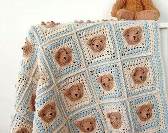 Copertina per neonati a forma di orsetto all'uncinetto fatta a mano, decorazione per la cameretta dei bambini "Grandma Square"