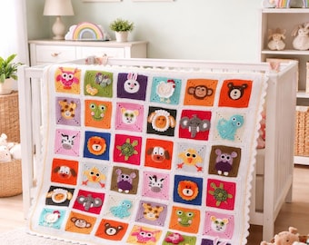 Coperta per neonati all'uncinetto realizzata a mano con animali, coperta quadrata per neonati "Grandma Square", coperta colorata per la cameretta, coperta per neonati con animali della savana, regalo amigurumi per neonati,