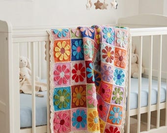 Copertina per neonato all'uncinetto fatta a mano – Coperta quadrata colorata con margherite in stile nonna – Biancheria da letto morbida in cotone per la cameretta – Regalo per baby shower – Coperta per culla in stile boho