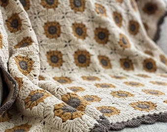 Coperta quadrata della nonna con girasole fatta a mano all'uncinetto - Coperta beige e marrone neutri