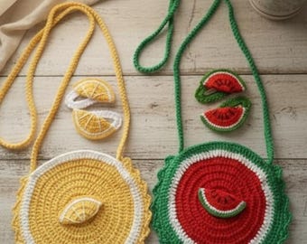 Borsa per bambini fatta a mano all'uncinetto con fetta di limone, borsa rotonda gialla