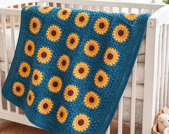 Copertina per neonato all'uncinetto con girasoli – Copertina floreale lavorata a maglia fatta a mano – Regalo per neonato in morbido cotone – Decorazione per la cameretta – Regalo boho per baby shower –