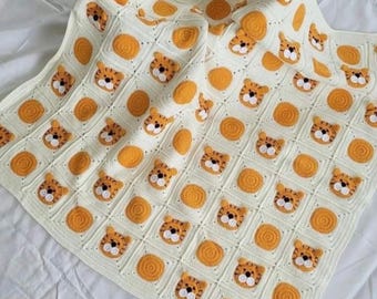Coperta per neonati a forma di tigre all'uncinetto, coperta per neonati a forma di safari, coperta quadrata per nonna con animali, regalo fatto a mano per baby shower, coperta decorativa per la cameretta dei bambini, tigre carina