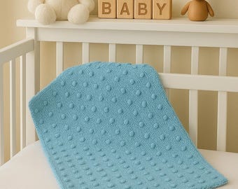 Coperta per neonati con pompon in morbida maglia blu fatta a mano, coperta per la cameretta dei bambini
