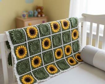 Coperta per neonati all'uncinetto con motivo girasole, coperta per neonati a forma di quadrato della nonna, coperta per la cameretta fatta a mano, coperta all'uncinetto con motivo floreale, regalo per baby shower.