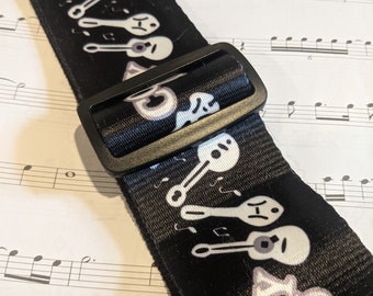 Black And White Guitar Strap With Instrument Design- Leather Ends