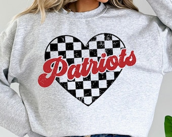 Patriots Retro Valentine's Mascot Checkered Heart PNG Sublimation File, Black and Red, Trendy Aesthetic Shirt Design, Distressed PNG