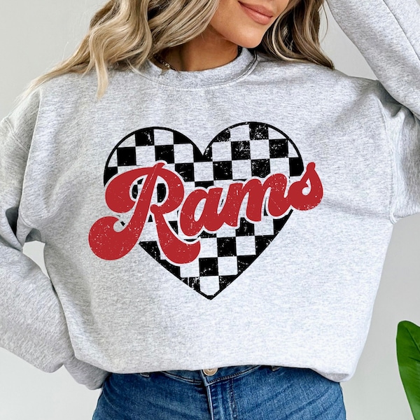 Rams Retro Mascot Checkered Heart PNG Sublimation File, Black and Red, Trendy Aesthetic Shirt Design, Distressed PNG