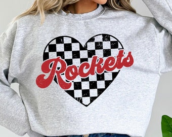 Rockets Retro Mascot Checkered Heart PNG Sublimation File, Black and Red, Trendy Aesthetic Shirt Design, Distressed PNG