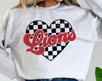 Lions Retro Valentine's Mascot Checkered Heart PNG Sublimation File, Black and Red, Trendy Aesthetic Shirt Design, Distressed PNG