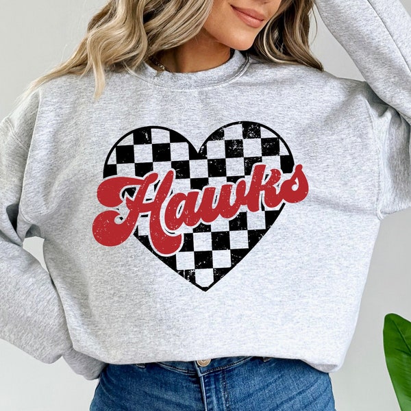 Hawks Retro Mascot Checkered Heart PNG Sublimation File, Black and Red, Trendy Aesthetic Shirt Design, Distressed PNG