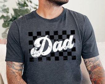 Retro Dad Checkered PNG Black and White, Trendy Aesthetic Shirt Design, Distressed PNG