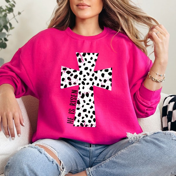 He Is Risen Dalmatian Print Distressed Christian Cross PNG, Trendy Aesthetic Shirt Design, Easter PNG, Black and White Png