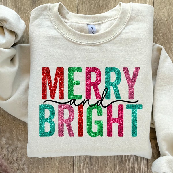 Glitter Merry And Bright PNG Sublimation Design, Faux Sequin Png, Christmas Shirt Design, Sparkly Png