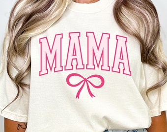 Mama Pink Bow Varsity PNG + SVG File, Trendy Aesthetic Shirt Design, Soft Girl Aesthetic, Coquette Aesthetic, Ribbons Png Svg