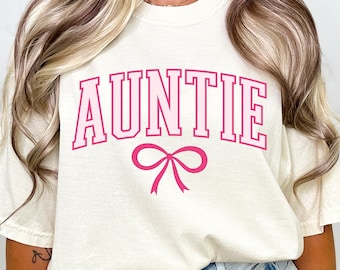 Auntie Pink Bow Varsity PNG + SVG File, Trendy Aesthetic Shirt Design, Soft Girl Aesthetic, Coquette Aesthetic, Ribbons Png Svg
