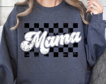 Retro Mama Checkered PNG Black and White Outline, Trendy Aesthetic Shirt Design, Distressed Grunge PNG, Checkerboard Png, Mother's Day Png