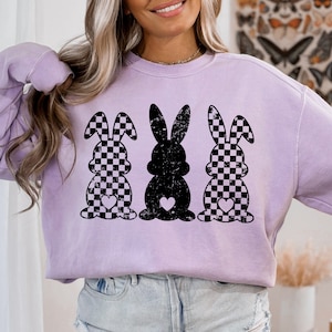 Checkered Black Grunge Easter Bunnies Distressed + Solid PNG Sublimation File, Easter Shirt Design, Easter PNG, Retro Png