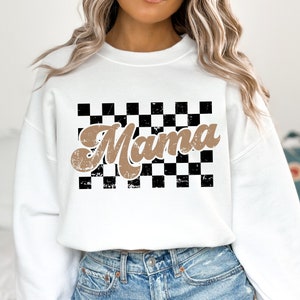 Retro Mama Checkered PNG Black and Brown, Trendy Aesthetic Shirt Design, Distressed PNG
