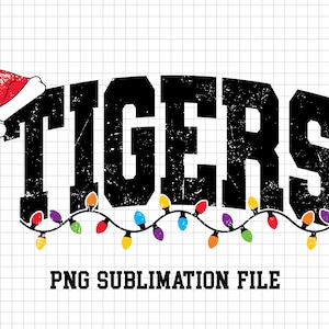 File di sublimazione PNG della mascotte natalizia Tigers, mascotte della scuola, mascotte della squadra, design della maglietta, PNG invecchiato