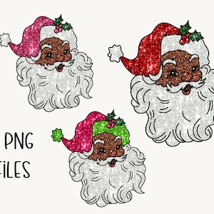 3 Glitter Retro Black Santa PNG Sublimation Files, Faux Sequin Png, Christmas Shirt Design, Sparkly Png Bundle, African American Santa