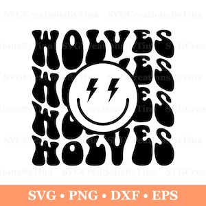 Wolves Retro Wavy Mascot Svg Png Eps Dxf, School Mascot, Team Mascot, Shirt Design, Stacked Svg, Groovy Svg, Wolves Cheer Love