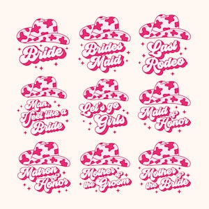 Retro Bachelorette Bundel SVG, PNG, Eps, Dxf, Cowgirl hoed, Sublimatie Design, Let&#39;s Go Girls, Last Rodeo, Bride Tribe, Bride Babe, Pink Png