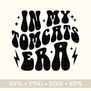 May include: Black and white graphic design with the text "In My Tomcats Era" in a retro, psychedelic font style. The text is surrounded by small stars and lightning bolts.
